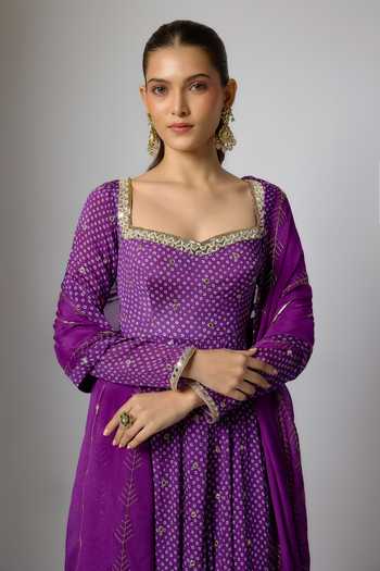 Buy_Krishna Padia_Purple Chinon, Lycra, Crepe Embroidery, Zari Square Bandhej Print Anarkali Set _Online_at_Aza_Fashions