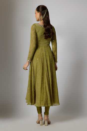 Shop_Krishna Padia_Green Lycra, Chinon Embroidery, Zari Square Neck Bandhej Print Anarkali Set _at_Aza_Fashions