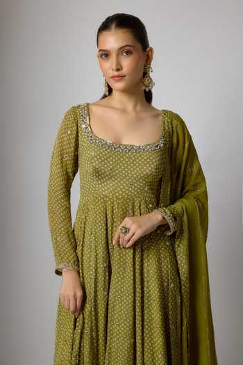 Buy_Krishna Padia_Green Lycra, Chinon Embroidery, Zari Square Neck Bandhej Print Anarkali Set _Online_at_Aza_Fashions
