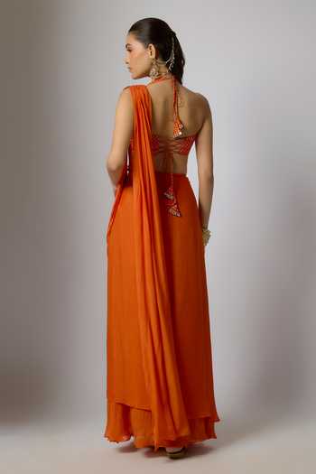 Shop_Krishna Padia_Orange Chinon Embroidery Sweetheart Neck Bandhej Print Pre-draped Saree Set _at_Aza_Fashions