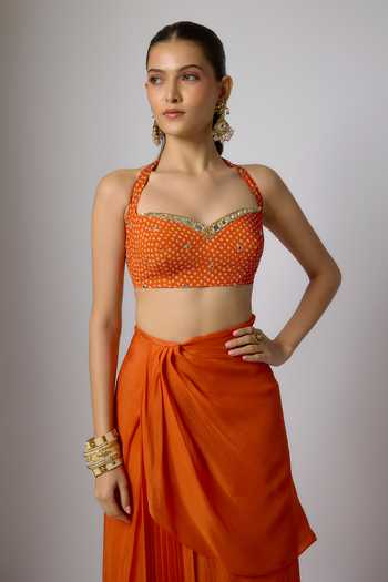 Krishna Padia_Orange Chinon Embroidery Sweetheart Neck Bandhej Print Pre-draped Saree Set _Online_at_Aza_Fashions