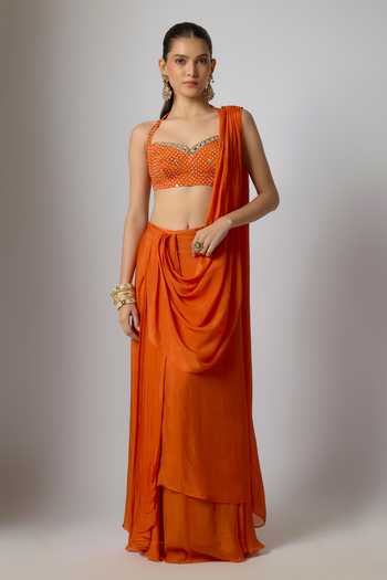 Buy_Krishna Padia_Orange Chinon Embroidery Sweetheart Neck Bandhej Print Pre-draped Saree Set _at_Aza_Fashions