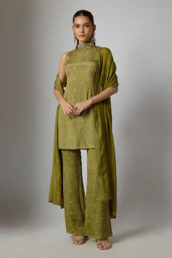 Buy_Krishna Padia_Green Chinon Embroidery, Zari Choker Neck Bandhej Print Kurta Palazzo Set _at_Aza_Fashions
