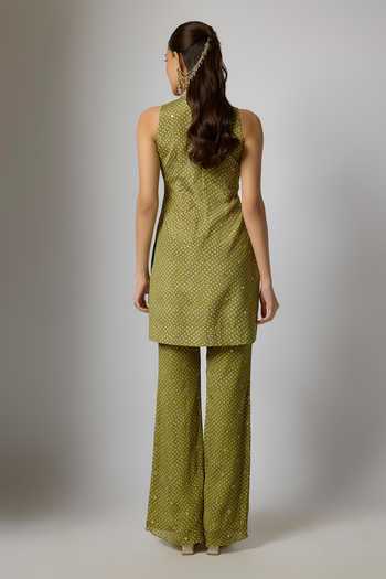 Shop_Krishna Padia_Green Chinon Embroidery, Zari Choker Neck Bandhej Print Kurta Palazzo Set _at_Aza_Fashions