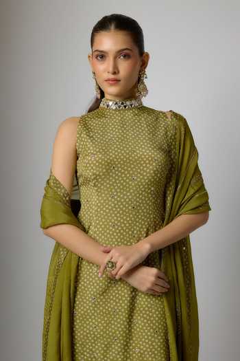Buy_Krishna Padia_Green Chinon Embroidery, Zari Choker Neck Bandhej Print Kurta Palazzo Set _Online_at_Aza_Fashions
