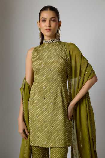 Shop_Krishna Padia_Green Chinon Embroidery, Zari Choker Neck Bandhej Print Kurta Palazzo Set _Online_at_Aza_Fashions