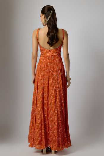 Shop_Krishna Padia_Orange Lycra, Chinon Embroidery, Zari Bandhej Print Sleeveless Anarkali Set _at_Aza_Fashions