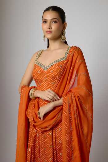 Buy_Krishna Padia_Orange Lycra, Chinon Embroidery, Zari Bandhej Print Sleeveless Anarkali Set _Online_at_Aza_Fashions
