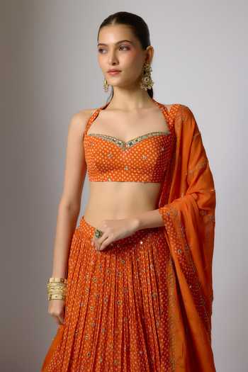Krishna Padia_Orange Chinon Embroidery, Zari Sweetheart Neck, Halter Bandhej Print Lehenga Set _Online_at_Aza_Fashions