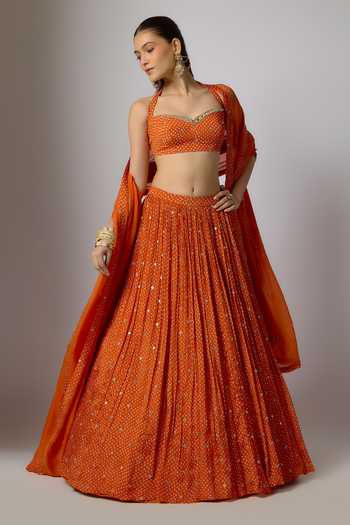 Buy_Krishna Padia_Orange Chinon Embroidery, Zari Sweetheart Neck, Halter Bandhej Print Lehenga Set _at_Aza_Fashions