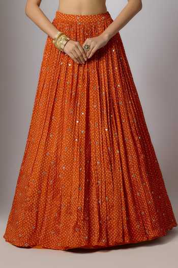 Buy_Krishna Padia_Orange Chinon Embroidery, Zari Sweetheart Neck, Halter Bandhej Print Lehenga Set _Online_at_Aza_Fashions