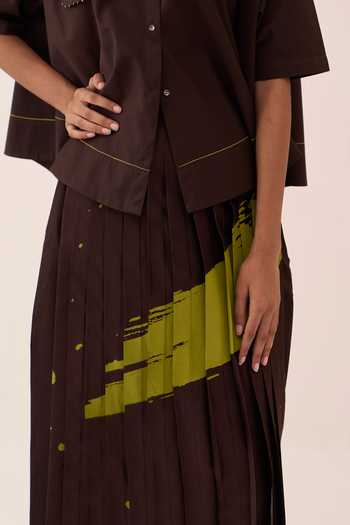 Three_Brown , Poplin, Chanderi, Satin Collared Splash Print Pant Set _Online_at_Aza_Fashions