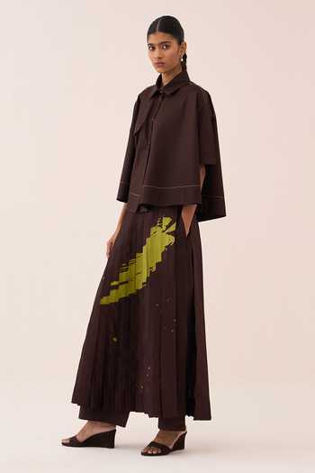 Buy_Three_Brown , Poplin, Chanderi, Satin Collared Splash Print Pant Set _Online_at_Aza_Fashions