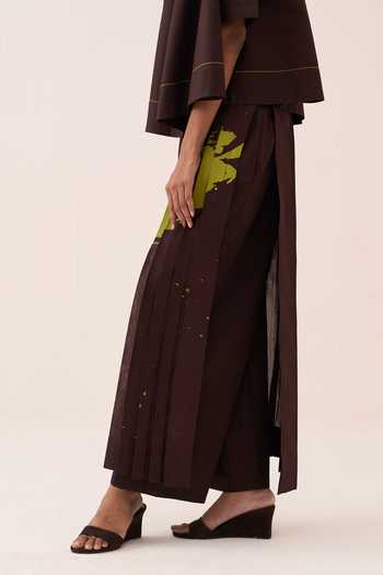 Shop_Three_Brown , Poplin, Chanderi, Satin Collared Splash Print Pant Set _Online_at_Aza_Fashions