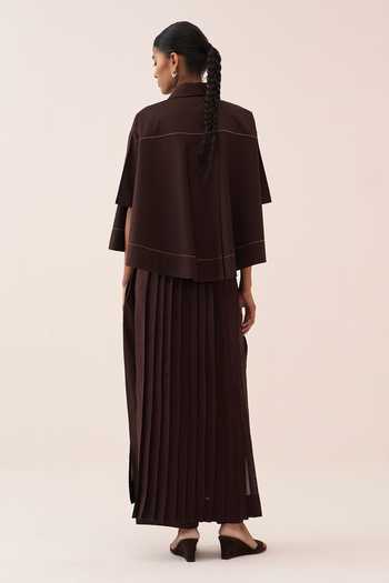 Shop_Three_Brown , Poplin, Chanderi, Satin Collared Splash Print Pant Set _at_Aza_Fashions