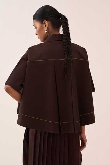Three_Brown , Poplin, Chanderi, Satin Collared Splash Print Pant Set _at_Aza_Fashions