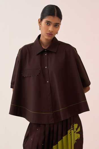 Buy_Three_Brown , Poplin, Chanderi, Satin Collared Splash Print Pant Set 