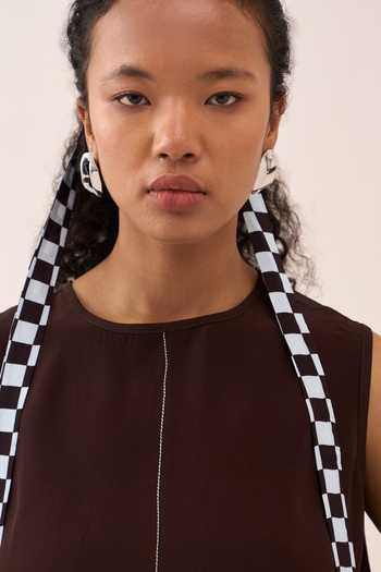 Three_Brown Cotton, Poplin, Silk, Crepe Embroidery Round Neck Checkered Skirt Set _Online_at_Aza_Fashions