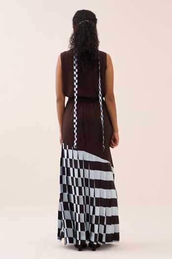 Shop_Three_Brown Cotton, Poplin, Silk, Crepe Embroidery Round Neck Checkered Skirt Set _at_Aza_Fashions