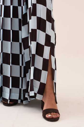 Buy_Three_Brown Cotton, Poplin, Silk, Crepe Embroidery Round Neck Checkered Skirt Set _Online_at_Aza_Fashions