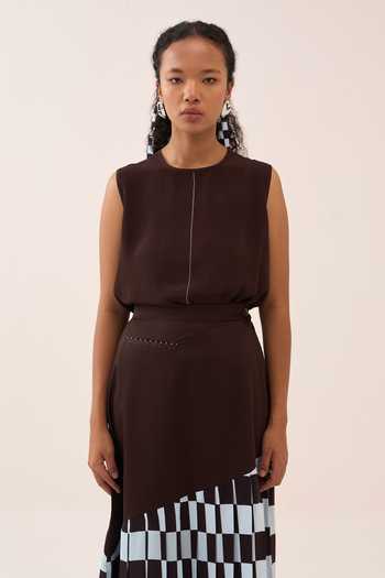 Shop_Three_Brown Cotton, Poplin, Silk, Crepe Embroidery Round Neck Checkered Skirt Set _Online_at_Aza_Fashions