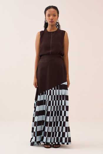 Three_Brown Cotton, Poplin, Silk, Crepe Embroidery Round Neck Checkered Skirt Set _at_Aza_Fashions
