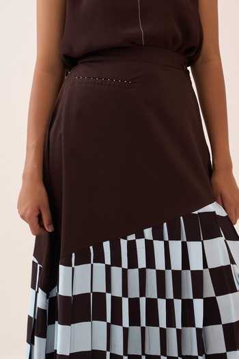 Buy_Three_Brown Cotton, Poplin, Silk, Crepe Embroidery Round Neck Checkered Skirt Set 