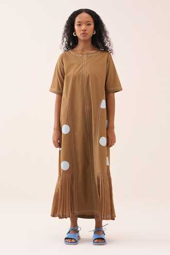 Three_White Silk, Cotton, Crepe, Poplin Round Neck Polka Dress _Online_at_Aza_Fashions