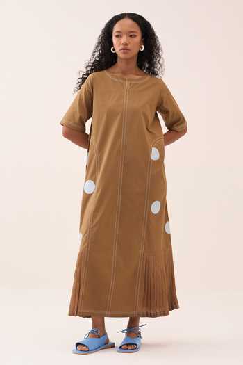 Shop_Three_White Silk, Cotton, Crepe, Poplin Round Neck Polka Dress _Online_at_Aza_Fashions