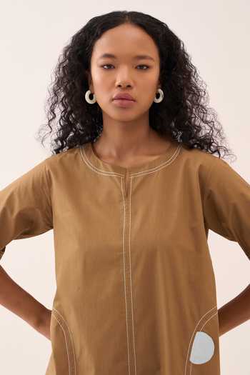 Three_White Silk, Cotton, Crepe, Poplin Round Neck Polka Dress _at_Aza_Fashions