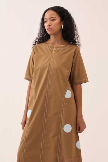 Shop_Three_White Silk, Cotton, Crepe, Poplin Round Neck Polka Dress 