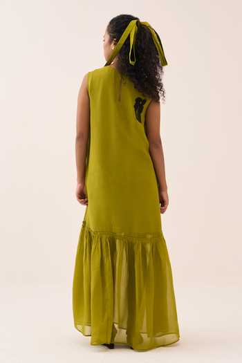 Shop_Three_Lime Organza Beads Round Neck Dress _at_Aza_Fashions