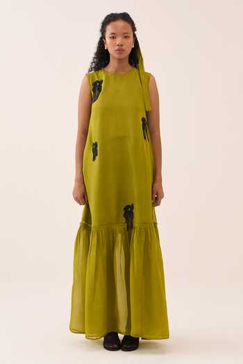 Three_Lime Organza Beads Round Neck Dress _Online_at_Aza_Fashions