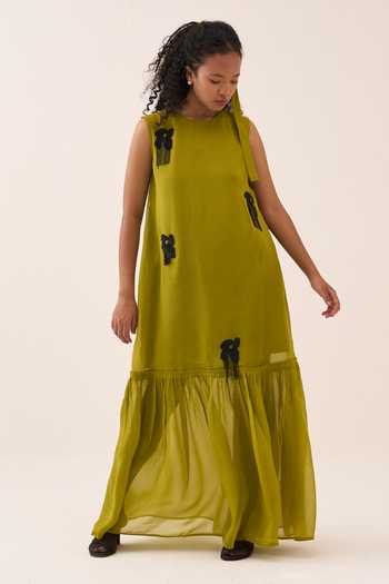 Buy_Three_Lime Organza Beads Round Neck Dress _Online_at_Aza_Fashions
