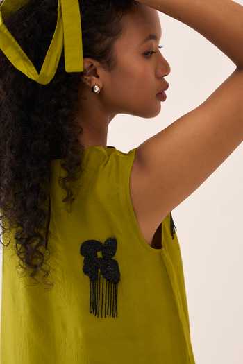 Shop_Three_Lime Organza Beads Round Neck Dress _Online_at_Aza_Fashions