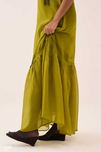 Buy_Three_Lime Organza Beads Round Neck Dress 