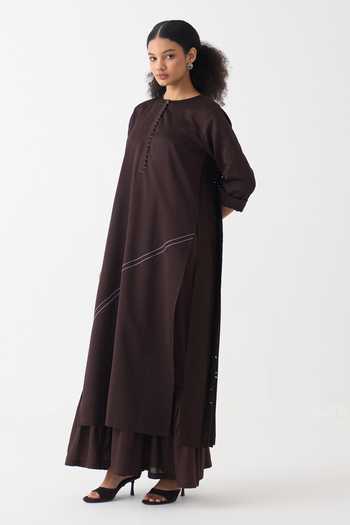 Three_Brown Cotton, Chanderi, Poplin Round Neck Splash Print Maxi Dress _Online_at_Aza_Fashions