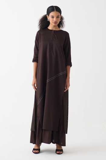 Buy_Three_Brown Cotton, Chanderi, Poplin Round Neck Splash Print Maxi Dress _at_Aza_Fashions