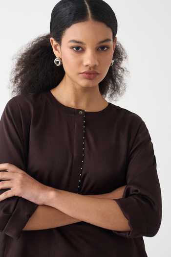 Shop_Three_Brown Cotton, Chanderi, Poplin Round Neck Splash Print Maxi Dress _Online_at_Aza_Fashions