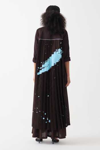 Shop_Three_Brown Cotton, Chanderi, Poplin Round Neck Splash Print Maxi Dress _at_Aza_Fashions