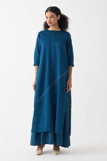 Buy_Three_Teal Cotton, Chanderi, Poplin Round Neck Splash Print Back Pleat Maxi Dress _at_Aza_Fashions