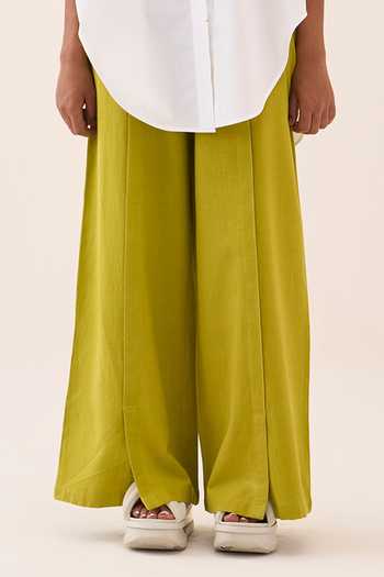 Three_White Cotton, Poplin Embroidery Collared Shirt And Pant Set _Online_at_Aza_Fashions