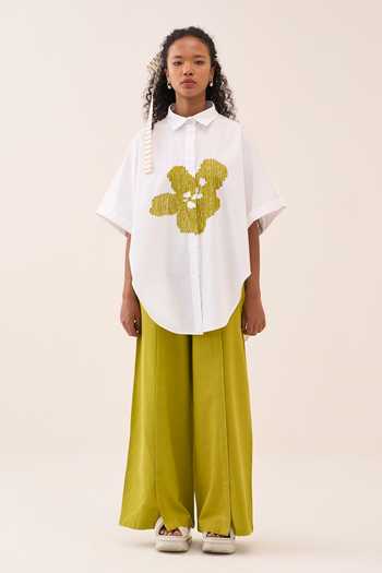 Shop_Three_White Cotton, Poplin Embroidery Collared Shirt And Pant Set _Online_at_Aza_Fashions