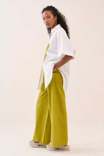 Three_White Cotton, Poplin Embroidery Collared Shirt And Pant Set _at_Aza_Fashions