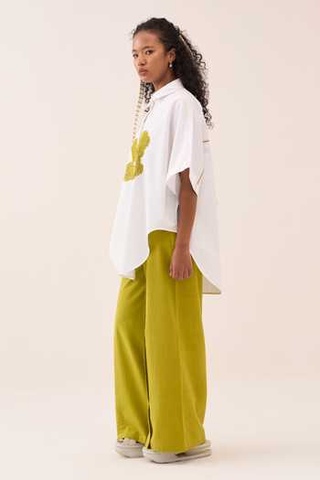 Buy_Three_White Cotton, Poplin Embroidery Collared Shirt And Pant Set 