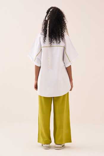 Shop_Three_White Cotton, Poplin Embroidery Collared Shirt And Pant Set _at_Aza_Fashions