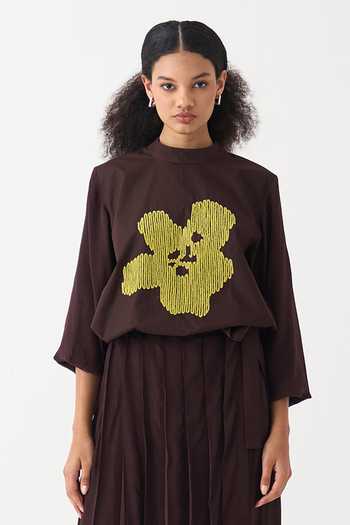 Buy_Three_Yellow Cotton, Silk, Crepe Applique High Neck Floral Top And Overlay Pant Set _Online_at_Aza_Fashions