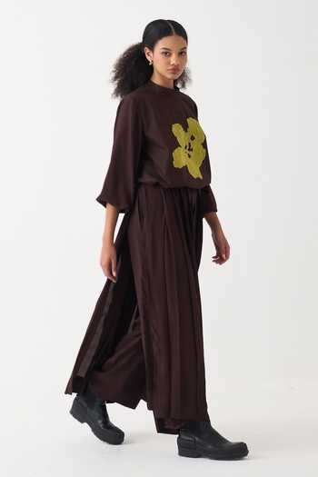 Shop_Three_Yellow Cotton, Silk, Crepe Applique High Neck Floral Top And Overlay Pant Set _Online_at_Aza_Fashions