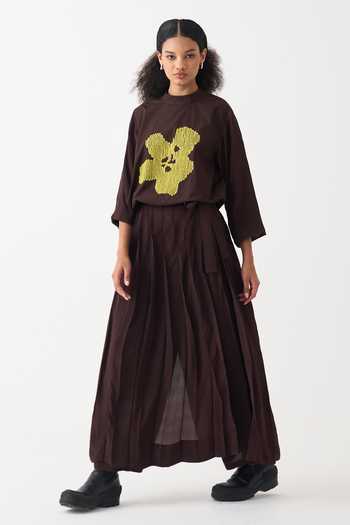 Three_Yellow Cotton, Silk, Crepe Applique High Neck Floral Top And Overlay Pant Set _at_Aza_Fashions