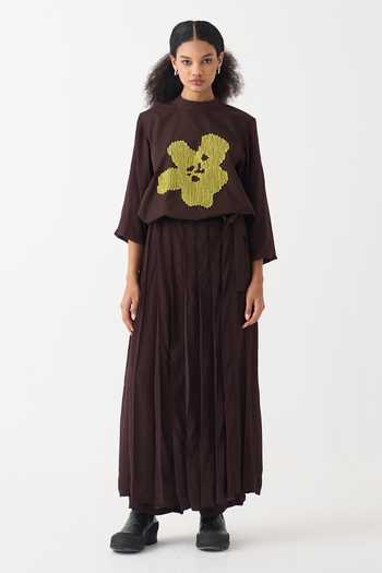 Buy_Three_Yellow Cotton, Silk, Crepe Applique High Neck Floral Top And Overlay Pant Set 